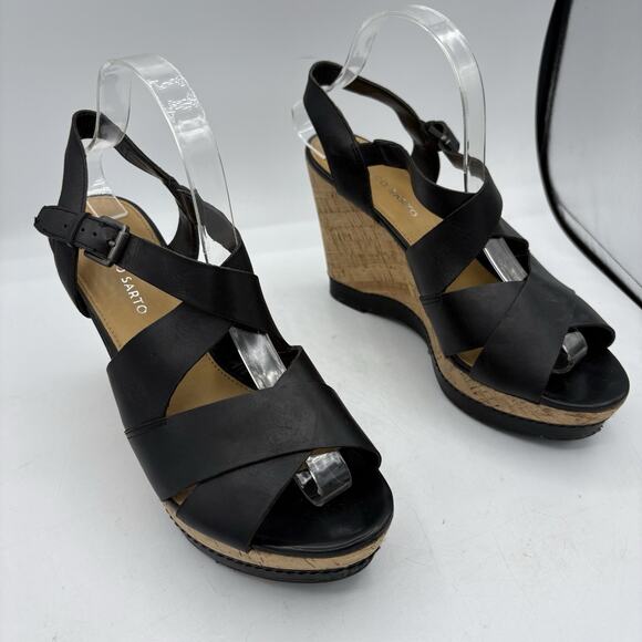 Franco Sarto Sandals Womens Size 10 Shiver Cork Wedge Platform‎ Black Strappy - Picture 1 of 10